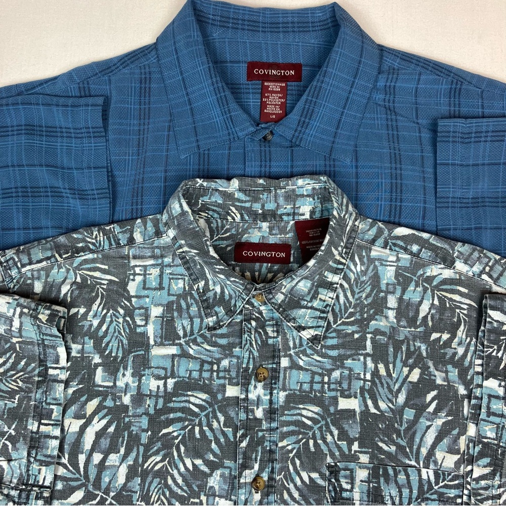 📦2-pack Covington Men's Blue Plaid & Teal Gray Printed Shirts DISCOUNTED SHIP